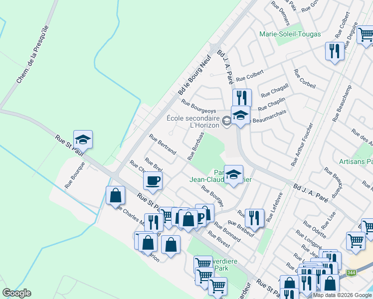map of restaurants, bars, coffee shops, grocery stores, and more near 263 Rue Bonet in Repentigny