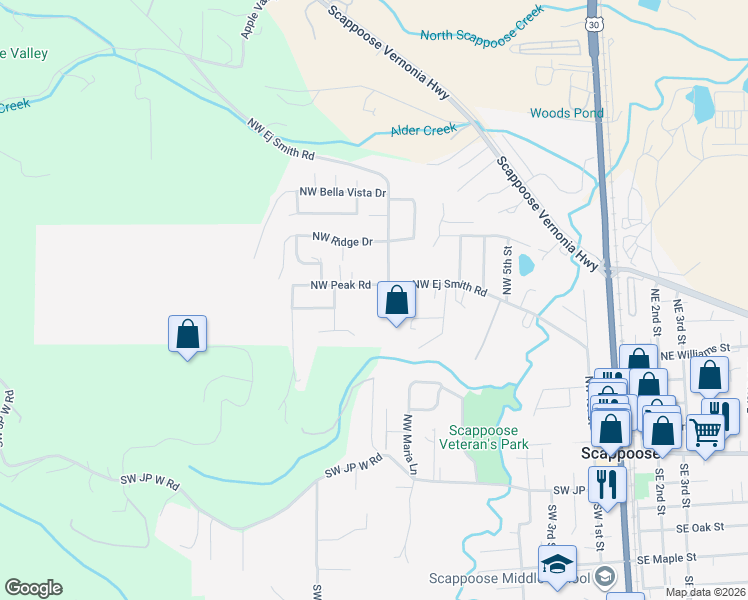 map of restaurants, bars, coffee shops, grocery stores, and more near 32978 Northwest Peak Road in Scappoose