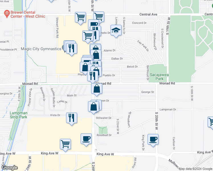 map of restaurants, bars, coffee shops, grocery stores, and more near 2244 Monad Road in Billings