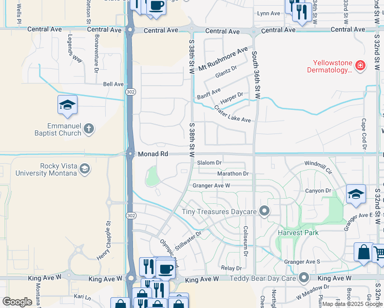 map of restaurants, bars, coffee shops, grocery stores, and more near Monad Rd & S 38th St W in Billings