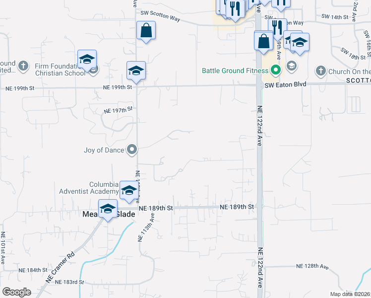 map of restaurants, bars, coffee shops, grocery stores, and more near 1613 Southwest 25th Circle in Battle Ground