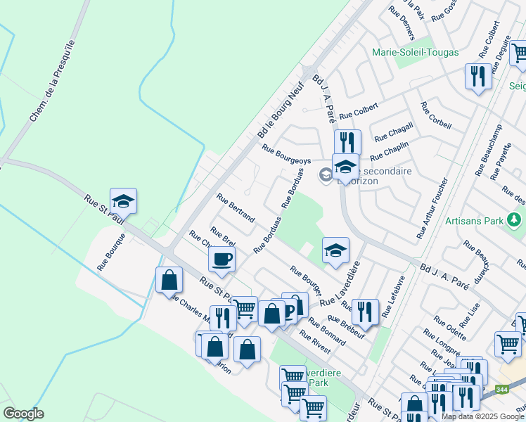 map of restaurants, bars, coffee shops, grocery stores, and more near 265 Rue Bonet in Repentigny