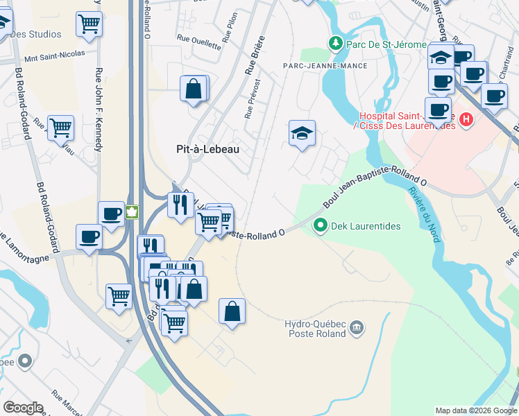 map of restaurants, bars, coffee shops, grocery stores, and more near 38 Rue Louis-Jolliet in Saint-Jã©Rã´Me