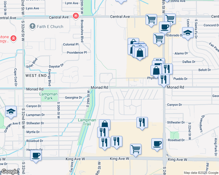 map of restaurants, bars, coffee shops, grocery stores, and more near Monad Road in Billings