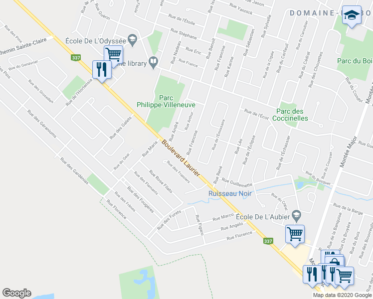 map of restaurants, bars, coffee shops, grocery stores, and more near 1800 Rue Francine in Terrebonne