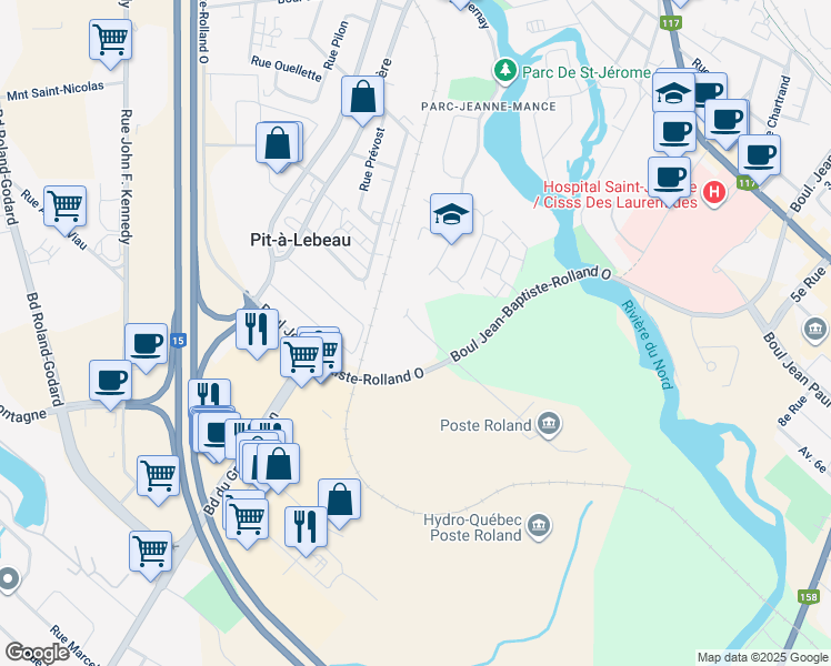 map of restaurants, bars, coffee shops, grocery stores, and more near 22 Rue Louis-Jolliet in Saint-Jérôme