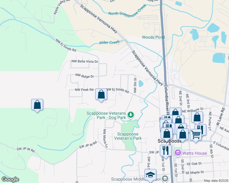 map of restaurants, bars, coffee shops, grocery stores, and more near 33110 Northwest Ej Smith Road in Scappoose