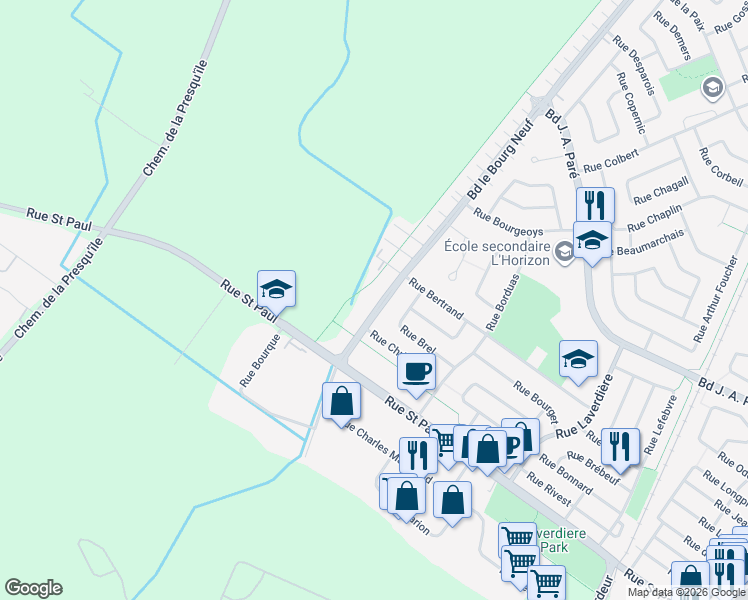 map of restaurants, bars, coffee shops, grocery stores, and more near 485 Boulevard le Bourg Neuf in Repentigny