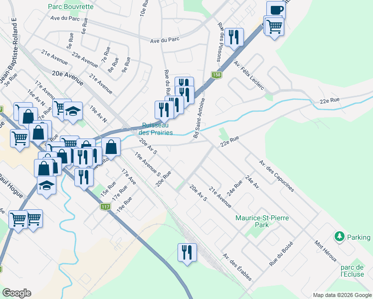 map of restaurants, bars, coffee shops, grocery stores, and more near 885 22e Rue in Saint-Jérôme