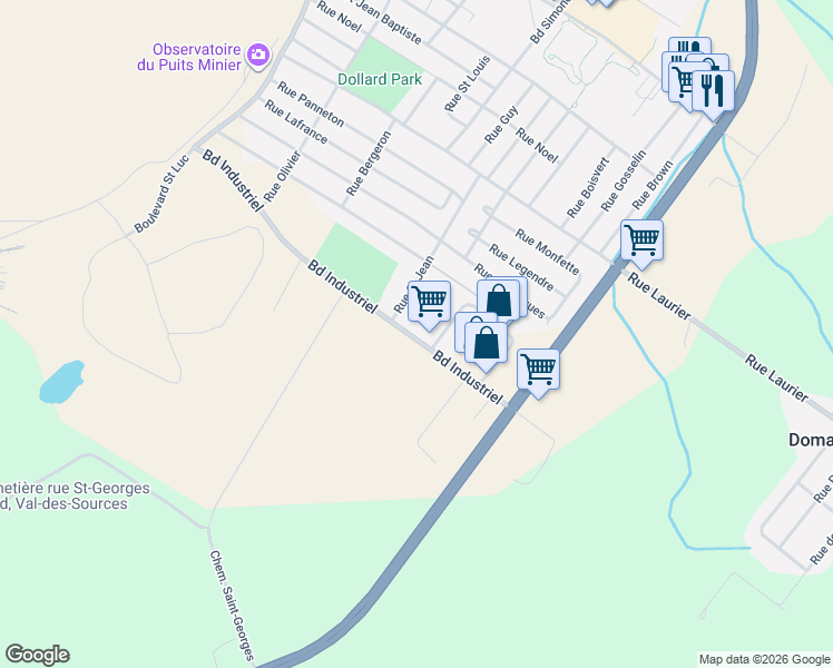map of restaurants, bars, coffee shops, grocery stores, and more near 427 Boulevard Industriel in Val-des-Sources