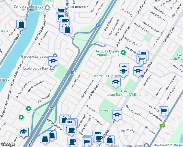 map of restaurants, bars, coffee shops, grocery stores, and more near 149 Rue Moisan in Repentigny