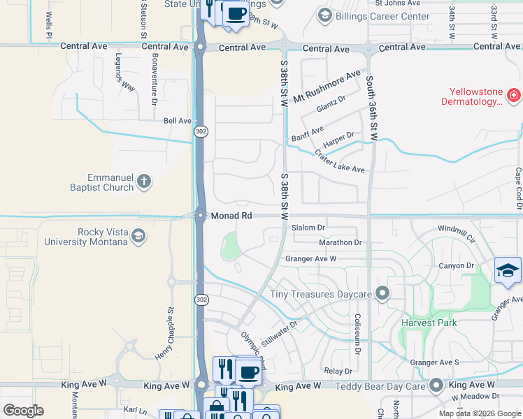 map of restaurants, bars, coffee shops, grocery stores, and more near 400-548 Slalom Dr in Billings