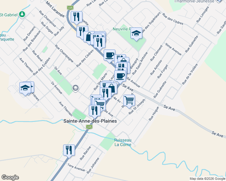 map of restaurants, bars, coffee shops, grocery stores, and more near 205 Boulevard Sainte Anne in Sainte-Anne-des-Plaines