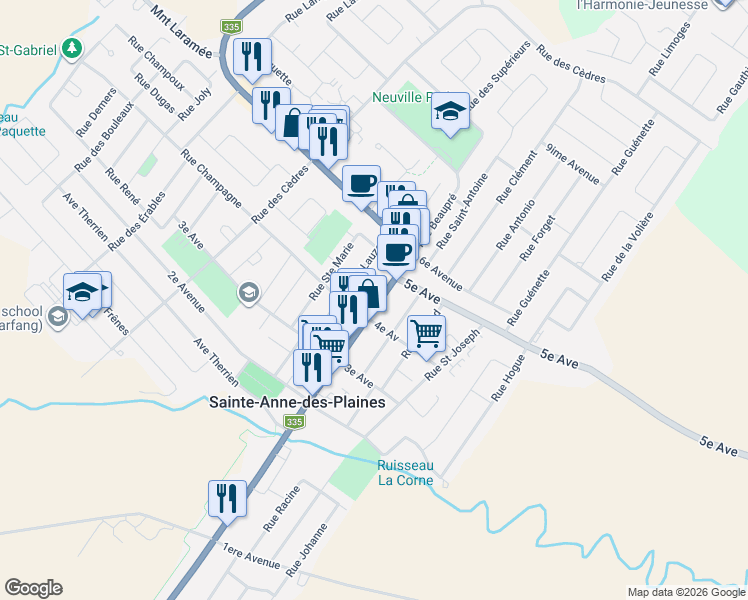 map of restaurants, bars, coffee shops, grocery stores, and more near 205 Boulevard Sainte Anne in Sainte-Anne-des-Plaines