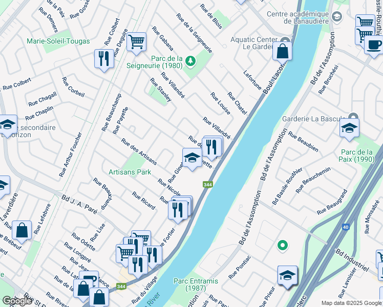 map of restaurants, bars, coffee shops, grocery stores, and more near 120 Rue Payette in Le Gardeur