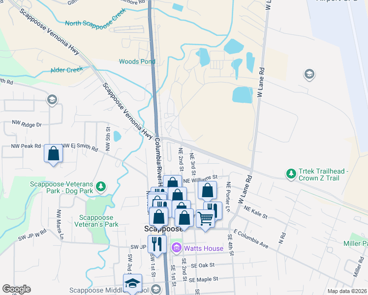 map of restaurants, bars, coffee shops, grocery stores, and more near 52866 Northeast 2nd Street in Scappoose
