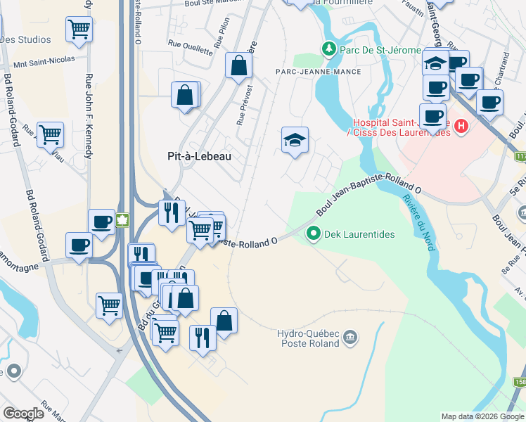 map of restaurants, bars, coffee shops, grocery stores, and more near 50 Rue Louis-Jolliet in Saint-Jérôme