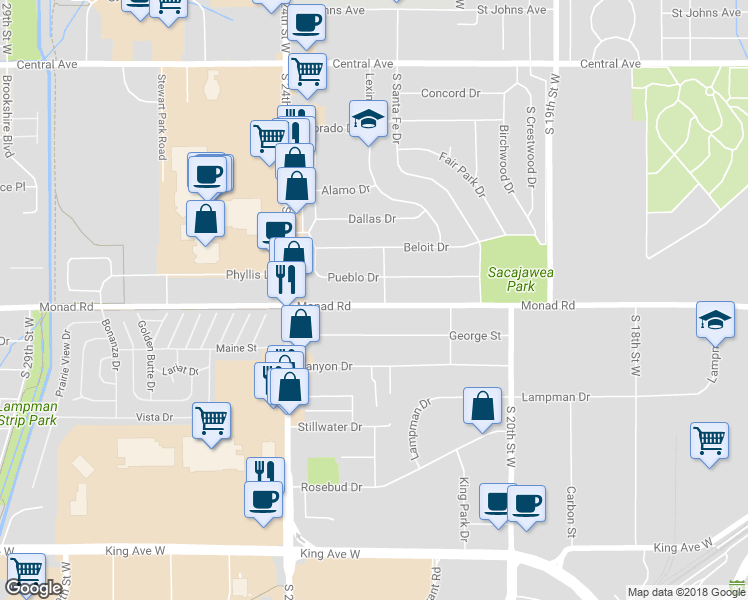 map of restaurants, bars, coffee shops, grocery stores, and more near 2209 Monad Road in Billings