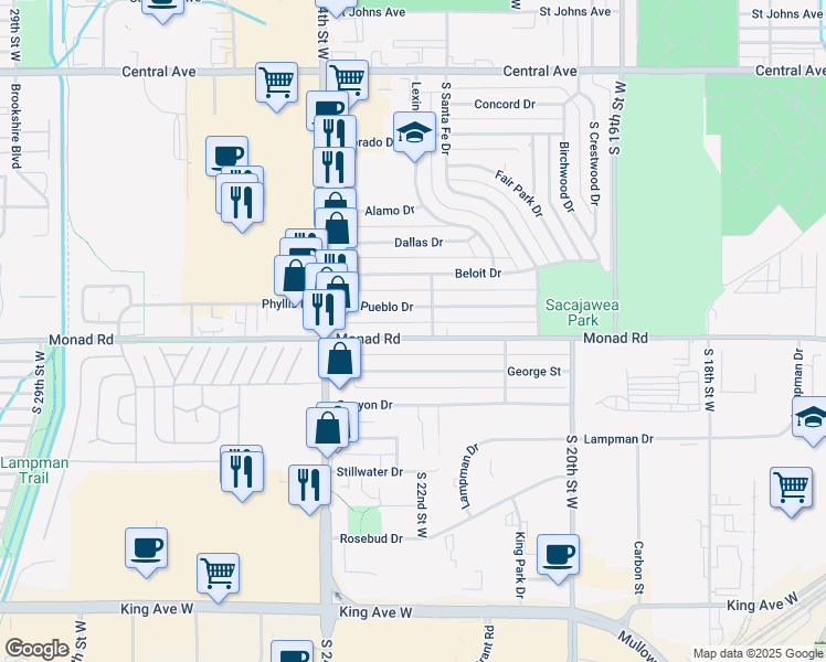 map of restaurants, bars, coffee shops, grocery stores, and more near 2225 George Street in Billings