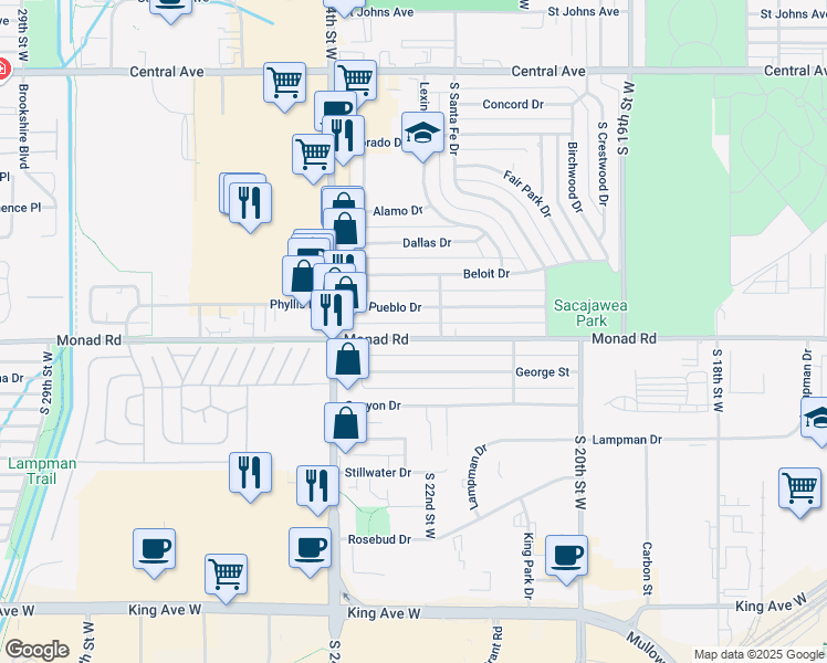 map of restaurants, bars, coffee shops, grocery stores, and more near 2225 George Street in Billings