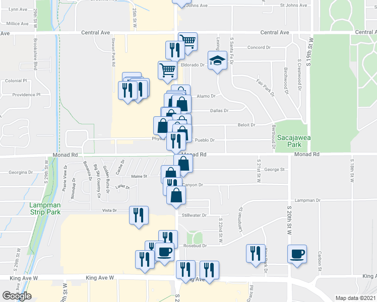 map of restaurants, bars, coffee shops, grocery stores, and more near 441 South 23rd Street in Billings