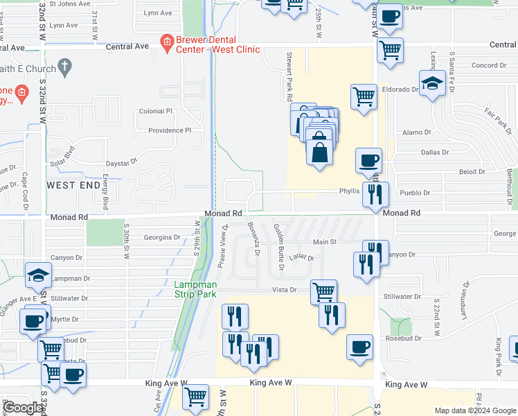 map of restaurants, bars, coffee shops, grocery stores, and more near 34 Big Sky Country Circle in Billings