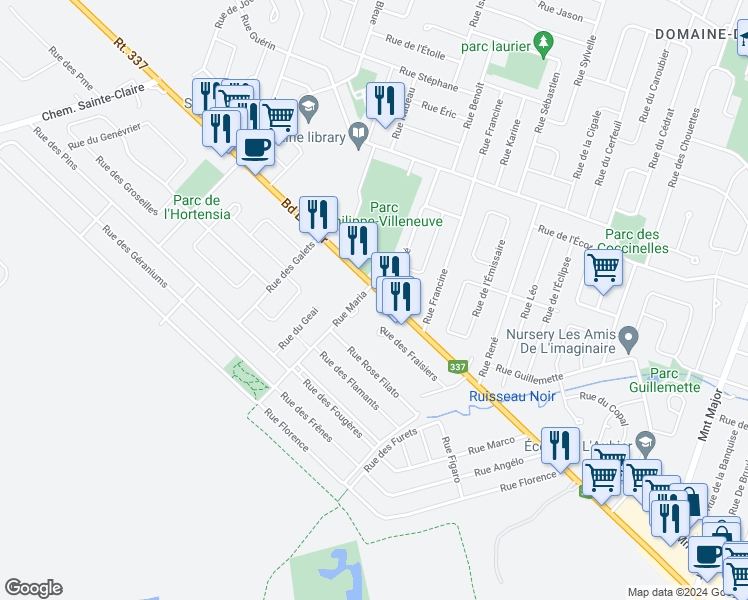 map of restaurants, bars, coffee shops, grocery stores, and more near 6700 Boulevard Laurier in Terrebonne