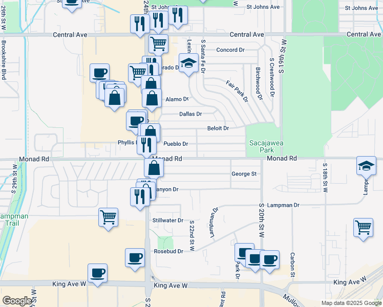 map of restaurants, bars, coffee shops, grocery stores, and more near 2215 Pueblo Drive in Billings