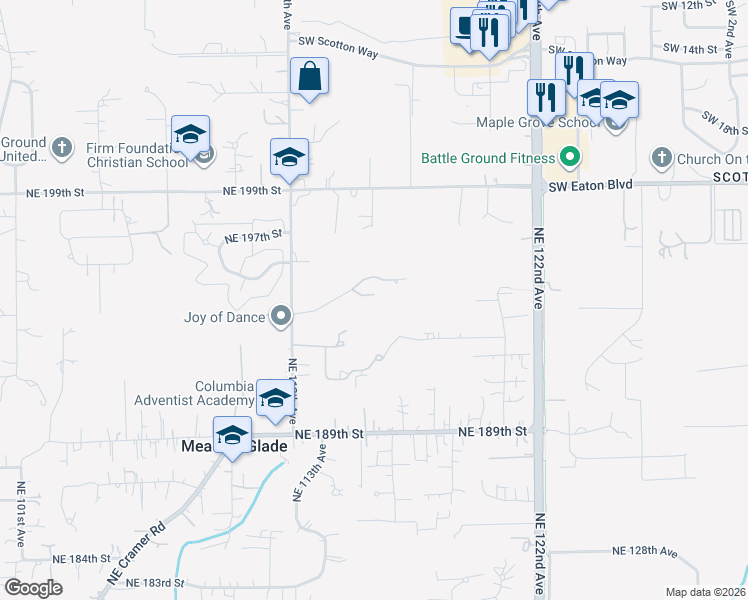 map of restaurants, bars, coffee shops, grocery stores, and more near 1613 Southwest 25th Circle in Battle Ground