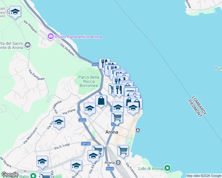 map of restaurants, bars, coffee shops, grocery stores, and more near 18 Via Poli in Arona