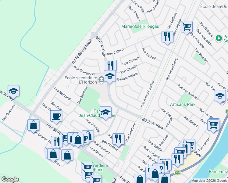 map of restaurants, bars, coffee shops, grocery stores, and more near 412 Rue Arthur Foucher in Repentigny