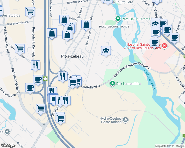 map of restaurants, bars, coffee shops, grocery stores, and more near 50 Rue Louis-Jolliet in Saint-Jérôme