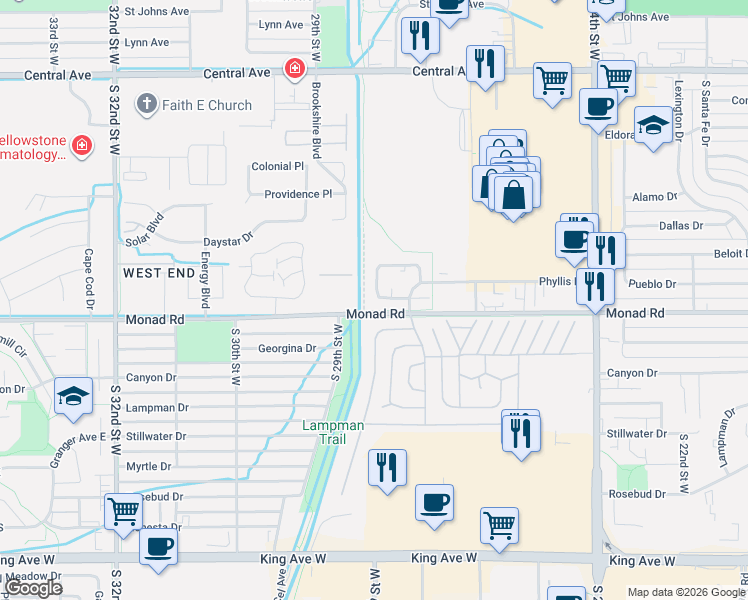 map of restaurants, bars, coffee shops, grocery stores, and more near 334 Phyllis Circle West in Billings