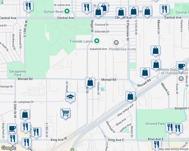 map of restaurants, bars, coffee shops, grocery stores, and more near 1465 Monad Road in Billings