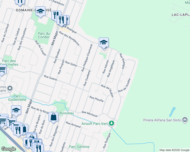 map of restaurants, bars, coffee shops, grocery stores, and more near 2514 Rue des Albatros in Terrebonne