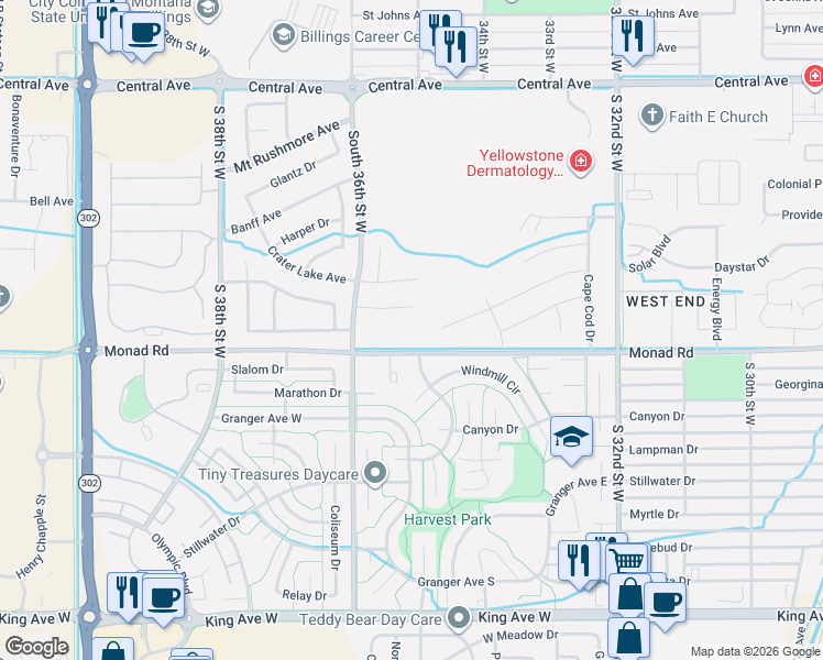 map of restaurants, bars, coffee shops, grocery stores, and more near 3482 Shenandoah Dr in Billings