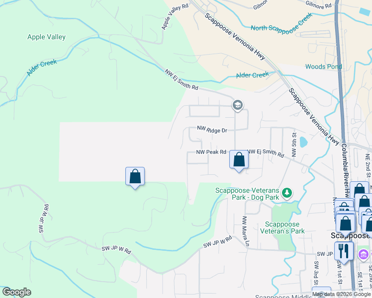 map of restaurants, bars, coffee shops, grocery stores, and more near 32797 Northwest Peak Road in Scappoose