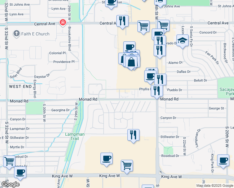 map of restaurants, bars, coffee shops, grocery stores, and more near 2604 Phyllis Lane in Billings