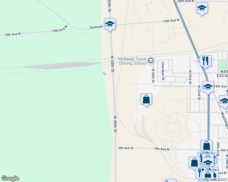 map of restaurants, bars, coffee shops, grocery stores, and more near North 30th Street in Escanaba