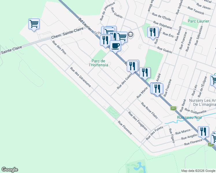 map of restaurants, bars, coffee shops, grocery stores, and more near 7160 Rue des Gazelles in Terrebonne