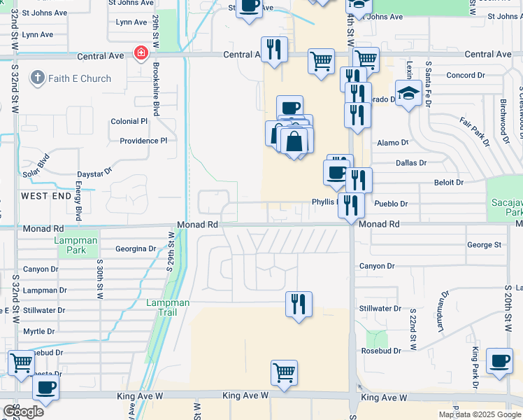 map of restaurants, bars, coffee shops, grocery stores, and more near 2601 Phyllis Lane in Billings