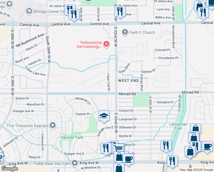 map of restaurants, bars, coffee shops, grocery stores, and more near 330 Cape Cod Dr in Billings