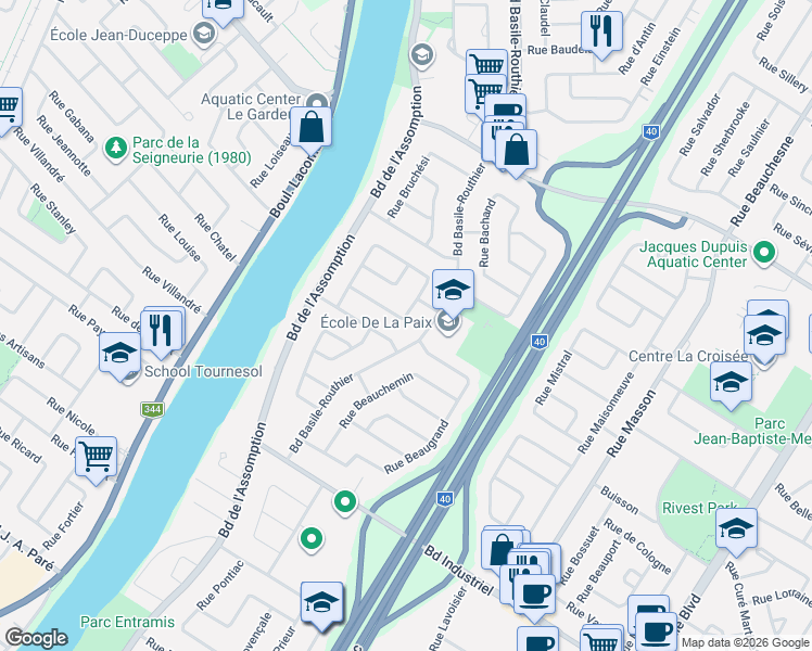 map of restaurants, bars, coffee shops, grocery stores, and more near 826 Rue Bougainville in Repentigny