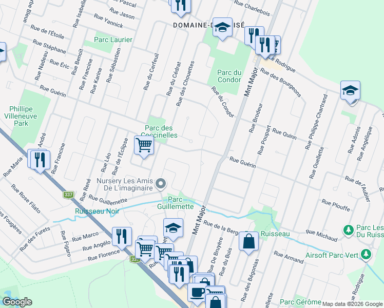 map of restaurants, bars, coffee shops, grocery stores, and more near 5758 Rue Guérin in Terrebonne