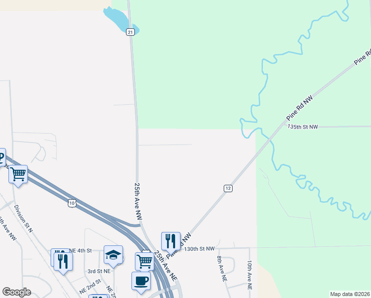 map of restaurants, bars, coffee shops, grocery stores, and more near 140 134th Street Northwest in Rice