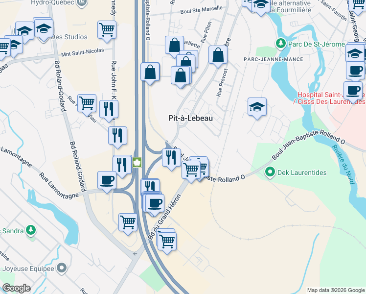 map of restaurants, bars, coffee shops, grocery stores, and more near 7 Rue Saint Christophe in Saint-Jérôme