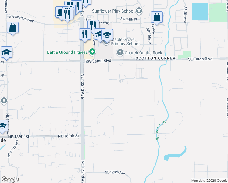 map of restaurants, bars, coffee shops, grocery stores, and more near 2418 Southwest 5th Place in Battle Ground