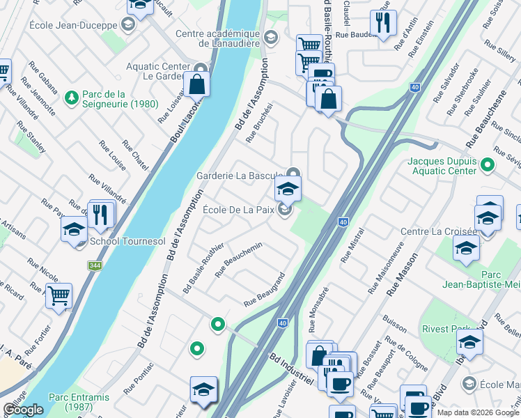 map of restaurants, bars, coffee shops, grocery stores, and more near 828 Rue Bougainville in Repentigny