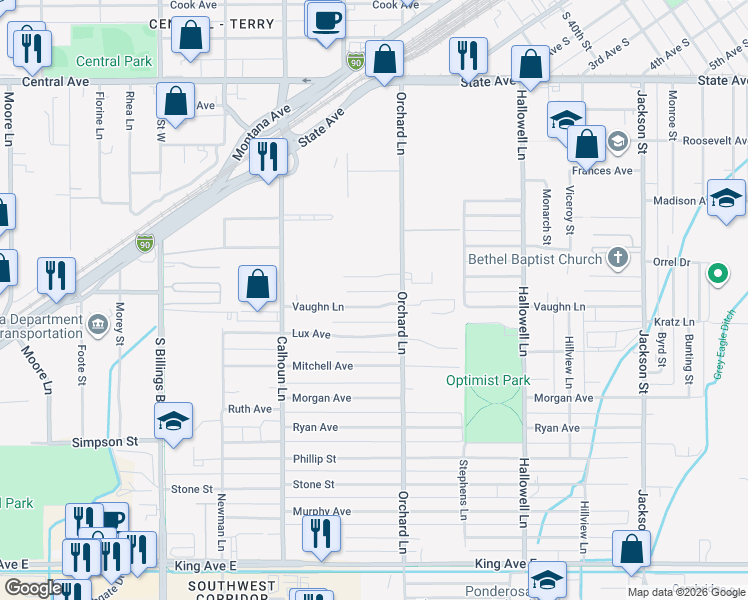 map of restaurants, bars, coffee shops, grocery stores, and more near 4423 Vaughn Lane in Billings
