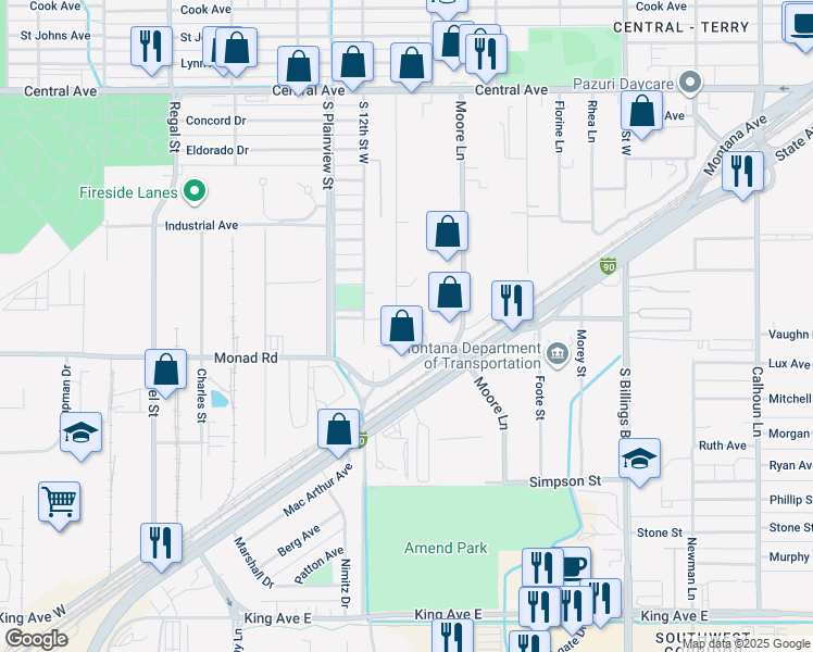 map of restaurants, bars, coffee shops, grocery stores, and more near 319 Foster Lane in Billings